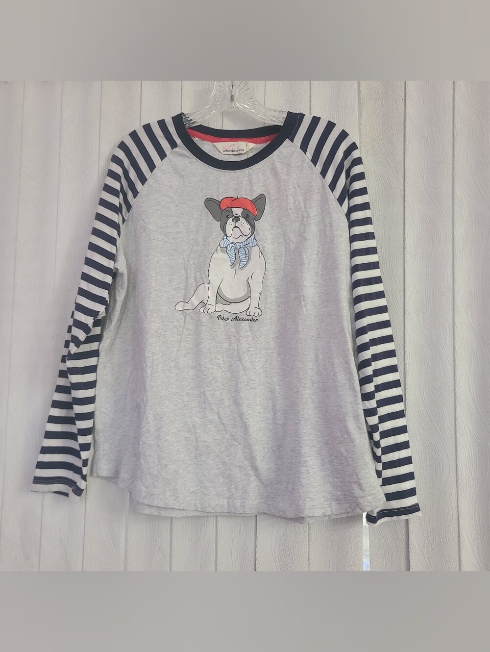 Peter Alexander Sz L Gray Navy Stripe Long Sleeves Frenchie Dog Red Beret PJ Top